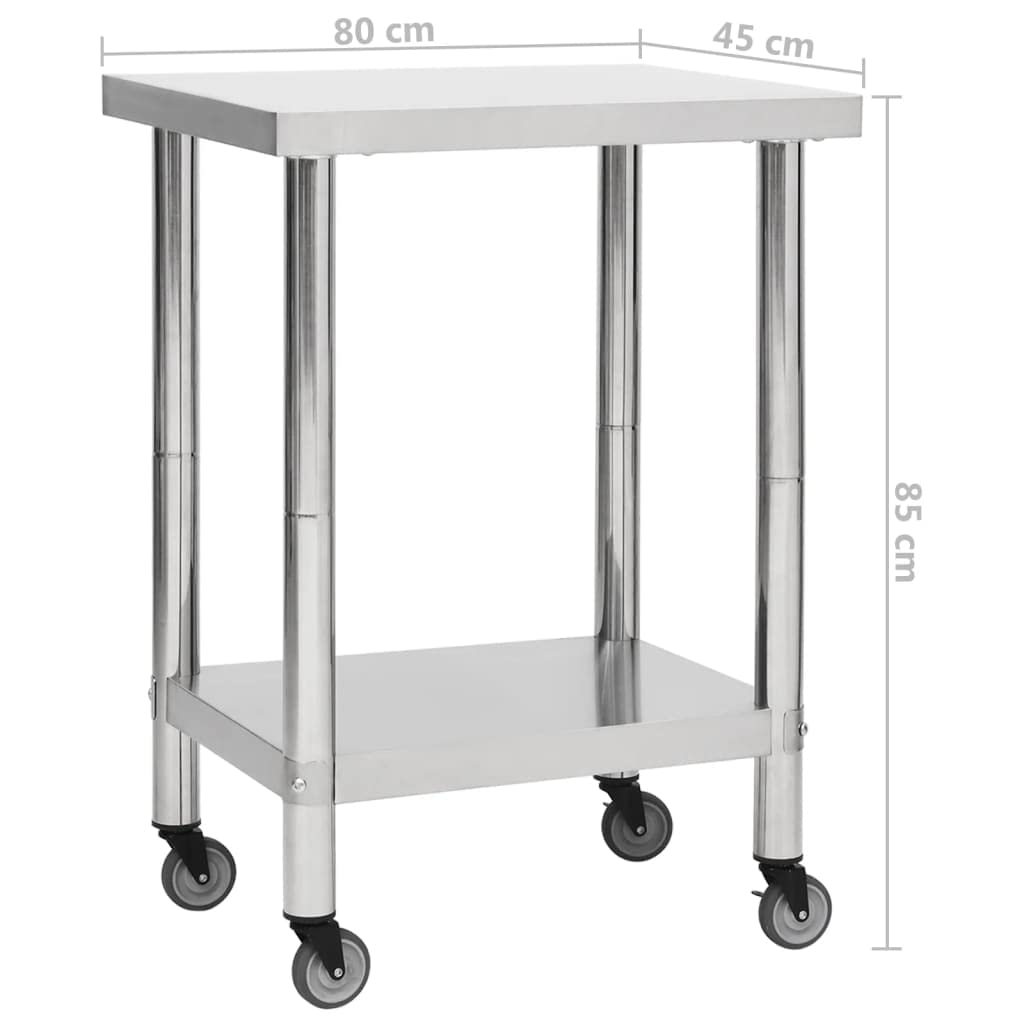 Mesa de trabajo de cocina con ruedas, 80 x 45 x 85 cm, de acero inoxidable, encimera de gastronomía con estante inferior para cocina, restaurante, catering, bocadillo, hotel y comercios