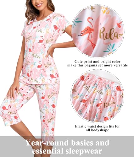 Image of PNAEONG Women Pajama Set Sleepwear Tops with Capri Pants Casual and Fun Prints Pajama Sets