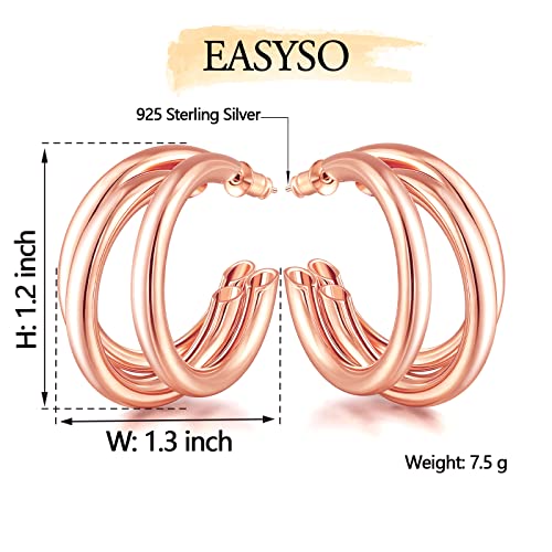 Easyso Gold Hoop Earrings For Women, Rose Gold Chunky Triple Hoops Lightweight Big Thick Three Open Hoop Hypoallergenic Fashion Trendy Split Multi Earring Jewelry Gift For Gilrs #TOP4