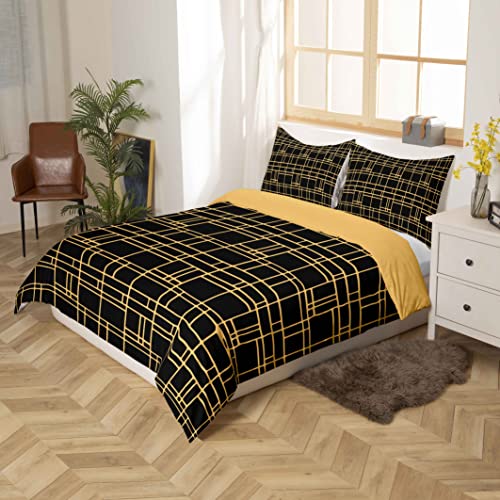 Grid Duvet Cover Set Double Sided Reversible Bedding Set Brushed Microfibre Black & Gold Lattice Comforter Cover for Boys Girls Adults Luxury Ultra Soft Microfibre (Black - Image 2