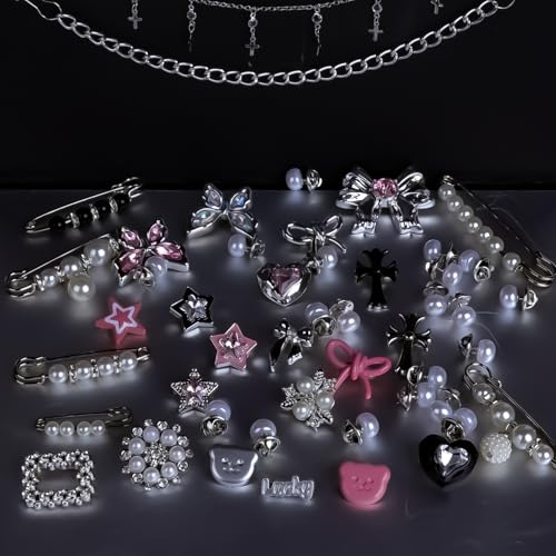 62pcs Silver Set Sock Charm Set, Safety Pin Brooch, Rhinestone, Pearl, Button Charms for Socks, Shoes, Clothing Accessories2