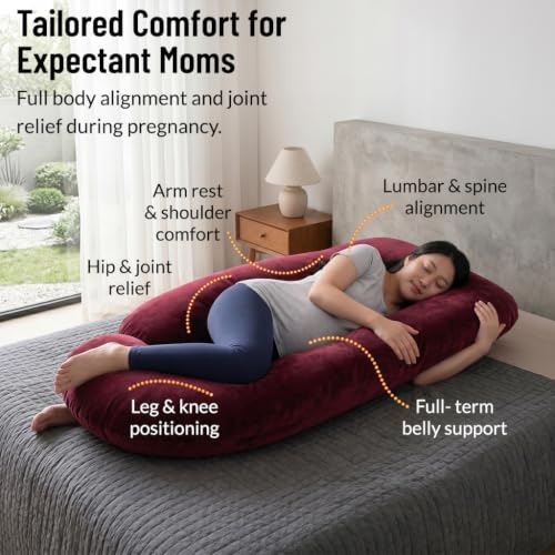 Image of Amazon Basics Full Body Pregnancy Pillow for Maternity,Baby Nursing,Full Body Support-Abdomen,Hip,Spine,Neck&Leg Support Cushion| Perfect Baby Shower Gift |J-Shaped-Washable Cover with Zip - Maroon