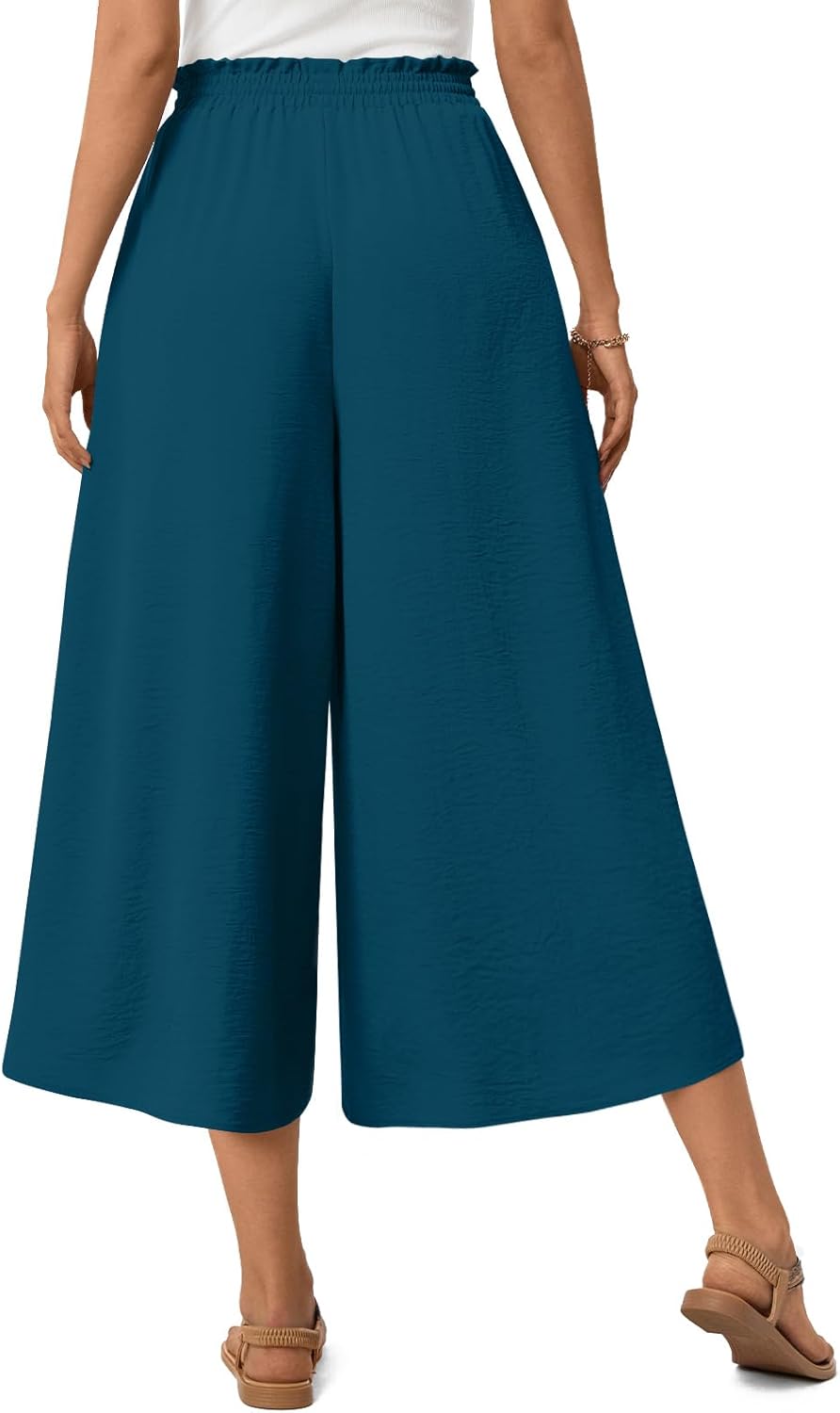 Anyhold Women's Capri Palazzo Pants High Waisted Wide Leg Adjustable Drawstring Loose Fit Summer Beach Pants Pockets - Image 4