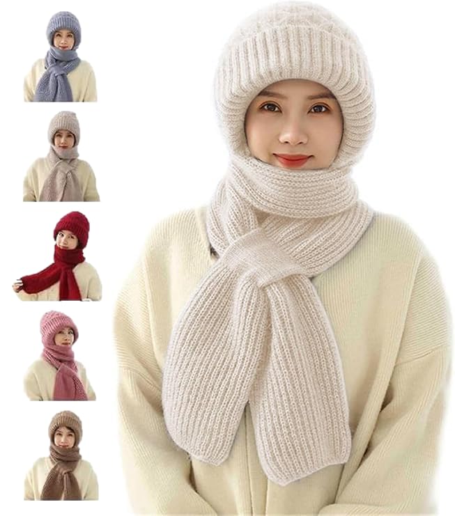 Padchaaya Women's Knitted Hat Winter Plush Velvet Warm Woolen Cap Neck Scarf | Twist Color Fuzzy Slouchy Beanie Monkey Cap with Muffler for Ski Hiking Outdoor Girls & Ladies (Multi-Muffler Scarf)