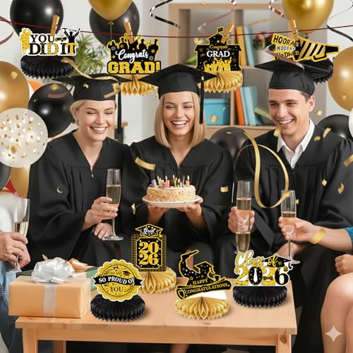 Image of 2026 Graduation Party Decorations - 8 Pcs Black Gold Class of 2026 Graduation Party Decor Honeycomb Centerpieces for Tables Congratulate for 2026 Congrats Grad Party Supplies