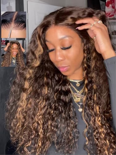 Beauty Forever 7x5 Bye Bye Knots Glueless Lace Front Water Wave Espresso Brown With Blonde Highlights Human Hair Wigs Pre Plucked Pre Cut Ready to Go Drawstring Wig Bleached Knots for Beginner 20inch