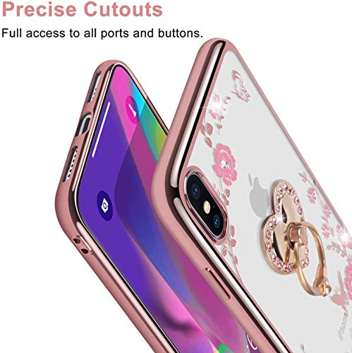 Design For Iphone Xs Max Case,Watache Glitter Sparkly Diamond Secret Garden Floral Butterfly Clear Back Soft Tpu Case With Bling Shiny Rhinestone Ring Grip Holder Stand For Iphone Xs Max (6.5") - Rose Gold #TOP4