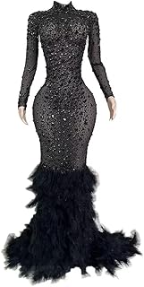 Tulle Half Transparent Rhinestone Sparkly Prom Dress Women's Feather Long Ball Celebrity Gala Pageant Evening Party Gown
