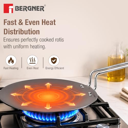 Image of BERGNER ArtisanForge Hard Anodised 28cm Roti Tawa, Sturdy Handle, Durable, Even Heat Distribution, 4.8mm Thickness, Metal Spoon Friendly, Paratha /Phulka /Chapati Tawa - Induction and Gas Stove Ready