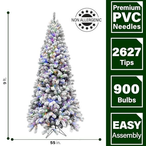 Fraser Hill Farm 9-Ft. Alaskan Pine Flocked Artificial Christmas Tree with Dual Multicolor & Warm White LED Lights and Stand, Prelit Foldable Fake Tree with Realistic Snowy Foliage for Home Decor
