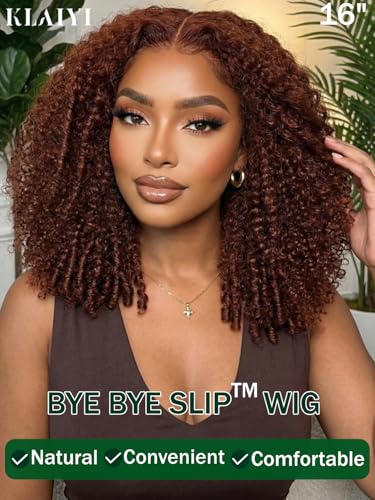 Image of KLAIYI Reddish Brown Afro Kinky Curly Glueless Precut 7x5HD Lace Front Wigs Human Hair Bye Bye Knots Pre Plucked Bleached Pre Everything 3S Ready to Wear and Go Beginner Wig with Baby Hair 180% 16Inch
