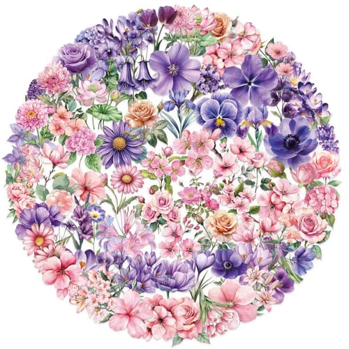 100PCS Cute Flower Transparent Stickers Pack,Aesthetic Pink and Purple Flower Decor for Laptop Gifts for Kids Teens Adults Waterproof Vinyl PET Nature Stickers for Notebook Phone Bike Party Favors