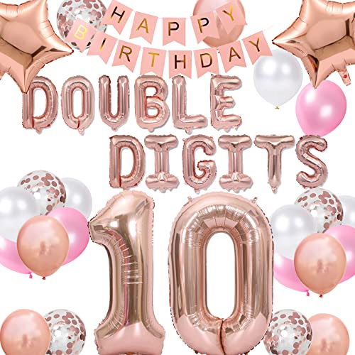 10th Birthday Decorations for Girls Rose Gold, Double Digits 10th Birthday Balloon Happy 10th Birthday Banner with Rose Gold Star Foil Balloons Confetti Balloons for 10 Year Old Birthday Girls