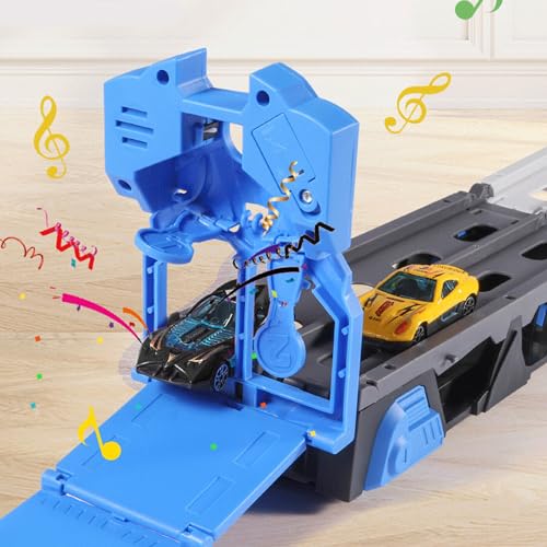Image of Kidology Car Carrier Truck Toy Set - Mega Hauler Race Track with Ejection - 4 Mini Racing Cars - Folding Storage Truck Toy for Kids - Boys & Girls Toy for 3+ Years Old (Mega Hauler Truck - Blue)