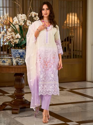 Image of INDO ERA Womens Organza Embroidered Straight Kurta Pant Dupatta Set (IEOUT10602)