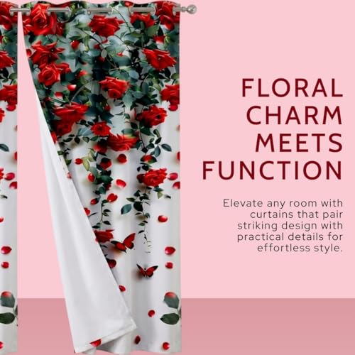 Image of Digital Printed Curtain with Pink Rose and Butterfly Design, 7 Feet, Grommet Top, White (4, Rose, 7 Feet)