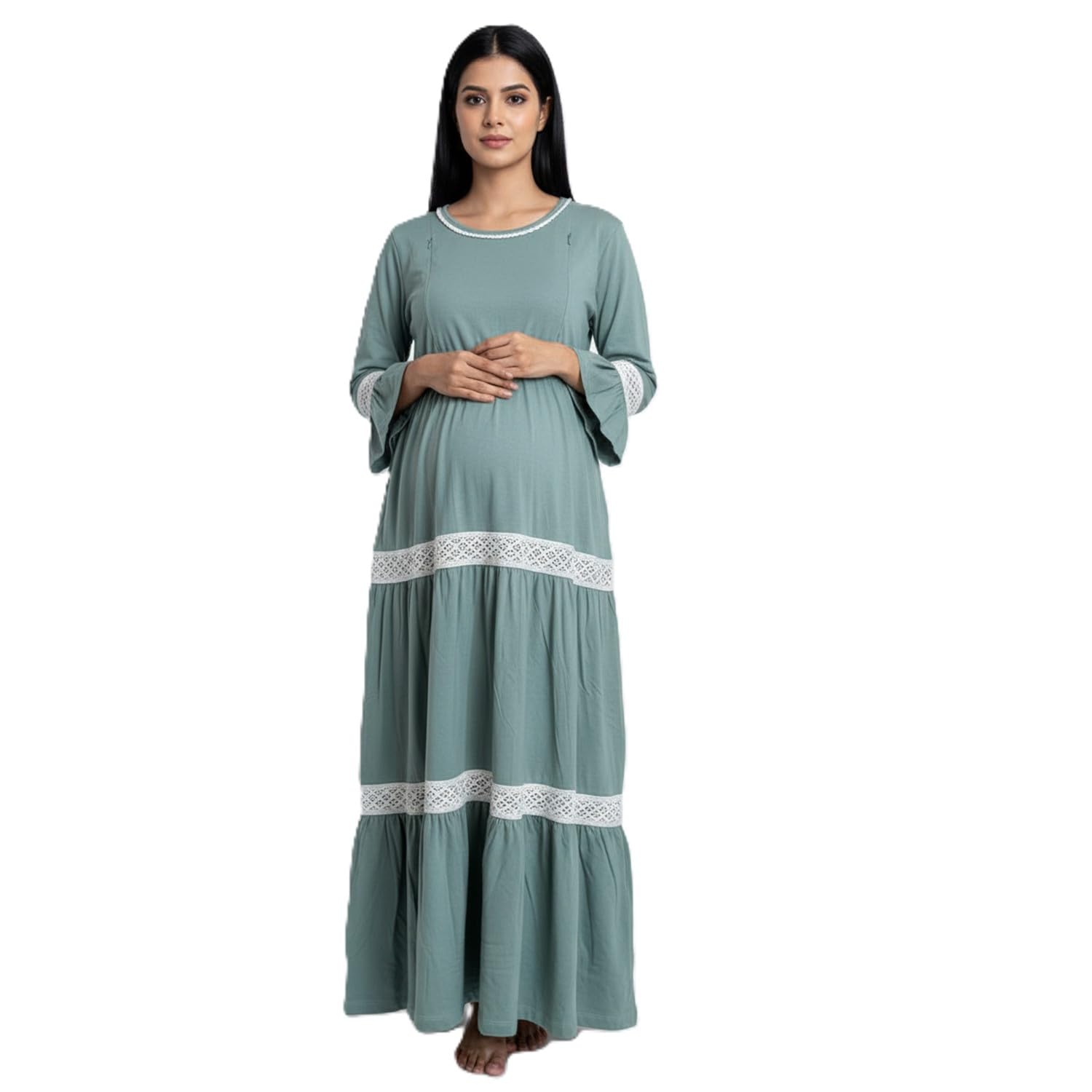 Women Combed Combed Cotton Bump Friendly Maternity Maxi- Granite Green-image-2