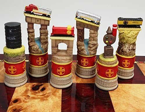 Santa Fe Trains Steam vs Diesel Train Engine Chess Set W/High Gloss Cherry & Burlwood Color Storage Board 17"