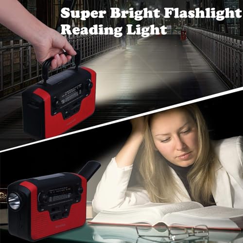 Image of Solar Hand Crank Emergency AM /FM /SW /NOAA Radio, Real NOAA Alert Weather Radio with SOS Alarm, TF Card Speaker, LED Flashlight & Reading Lamp, Phone Charger for Camping, Emergency (Red in)
