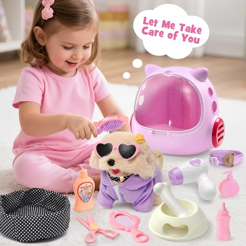 Tacobear Hund Spielzeug Kinder der Läuft und Bellt, Elektrischer Plüsch Hund mit Leine Hundekäfig Hundemantel Interaktives Haustier Kuscheltier Spielhund Geschenk Spielzeug für Mädchen 3 4 5 6 Jahre