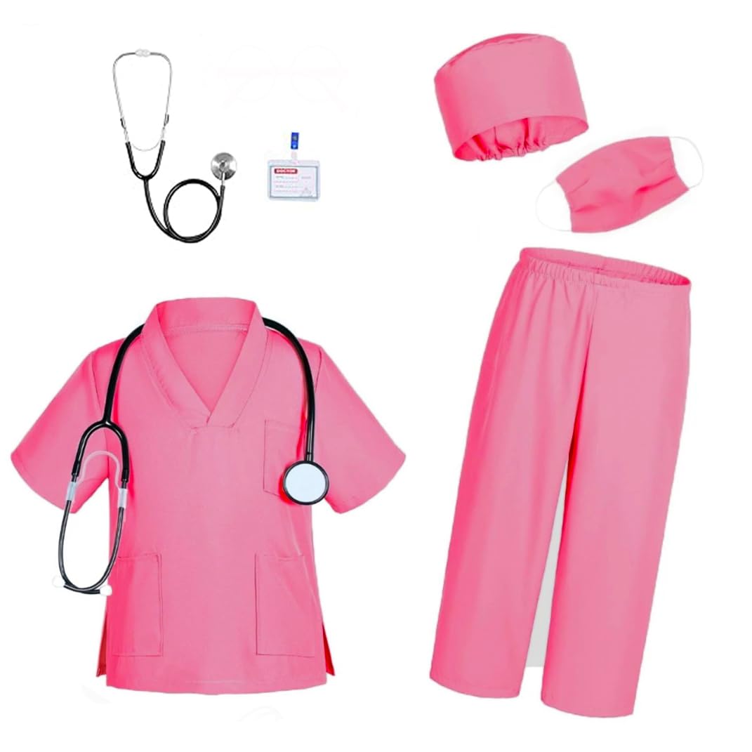 IDOTTA Doctor Costume Kit Pretend Play Dress-Up Set including Scrubs Pants Lab Coat Stethoscope ID Card For Kids Girls 3-10 Years - Image 2