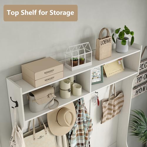 Hall Tree, Off White Entryway Bench with Coat Rack, 10 Shoe Storage & 7 Coat Hooks & Adjustable Shelf, Glass Door Farmhouse Wooden Style Hall Tree with Shoe Storage Bench