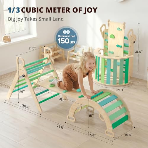 Image of BlueWood Pikler Triangle Set, Toddler Wooden Climbing Toys Indoor 7in1 Foldable Climber for Kids, Montessori Philosophy Play Jungle Gym with Arch, Ramp, Ladder (Green Summer)