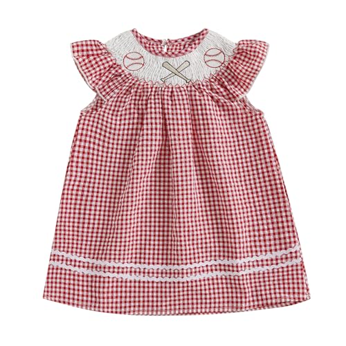 Toddler Baby Girl Baseball Dress Embroidery Plaid Ruffle Sleeveless Smocked Dresses Summer Casual Sundress Outfit (Red, 9-12 Months)