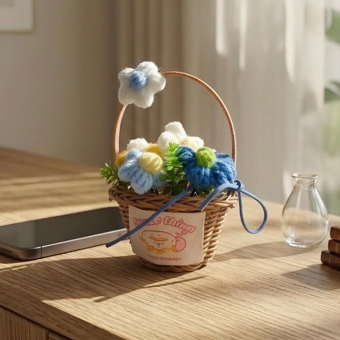 Image of Artificial Crochet Flowers Basket, 14CM Height Mini Handmade Knitted Multicolour Flower with Ribbon, Home and Office Decor Gift