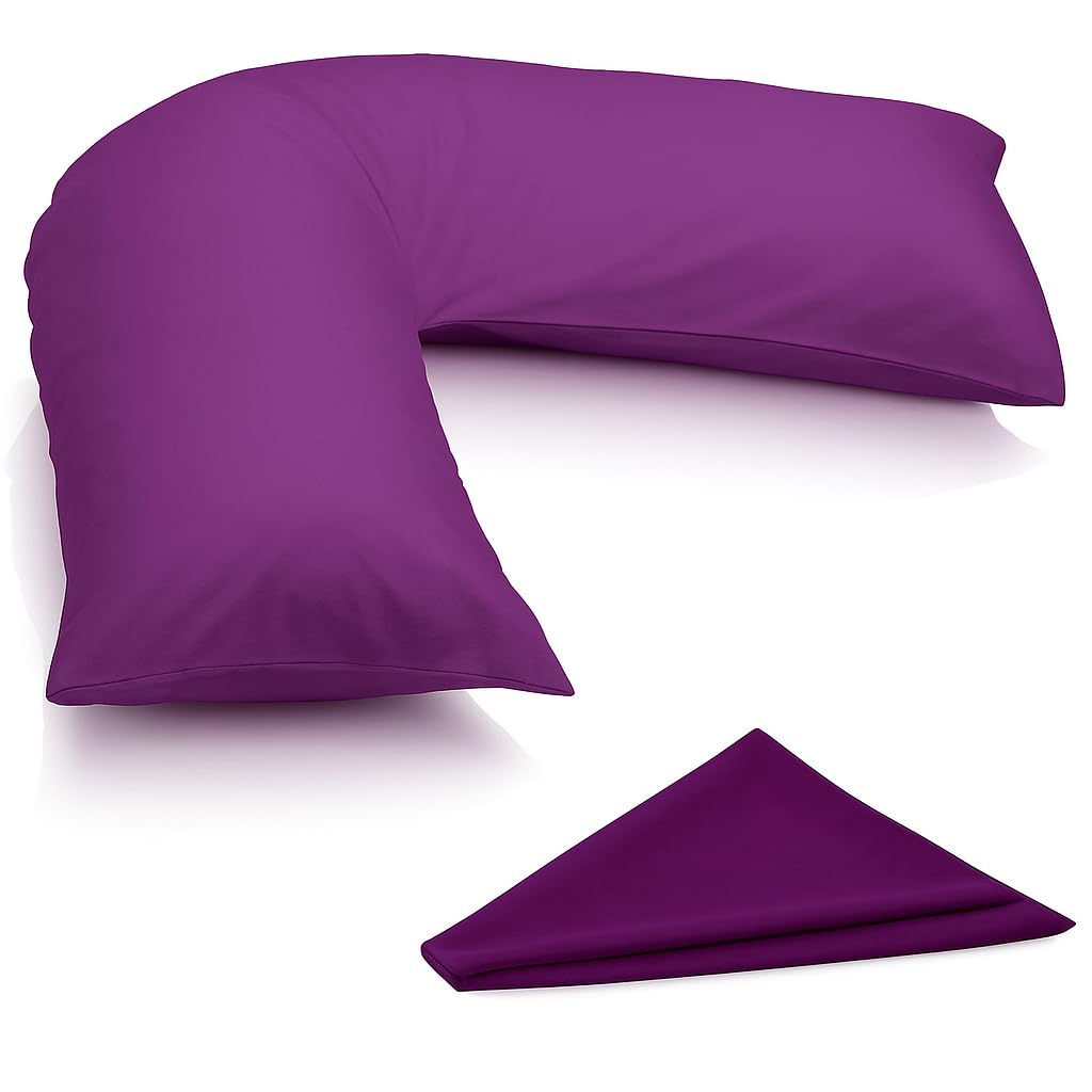 ARLINENS V Pillowcase Pack of 2 Plain Poly-Cotton Back & Neck Support V Shaped Pillowcase Orthopaedic/Pregnancy/Nursing Pillow Case Pair- Available in 25 Colours 74 x 34cm (Plum)