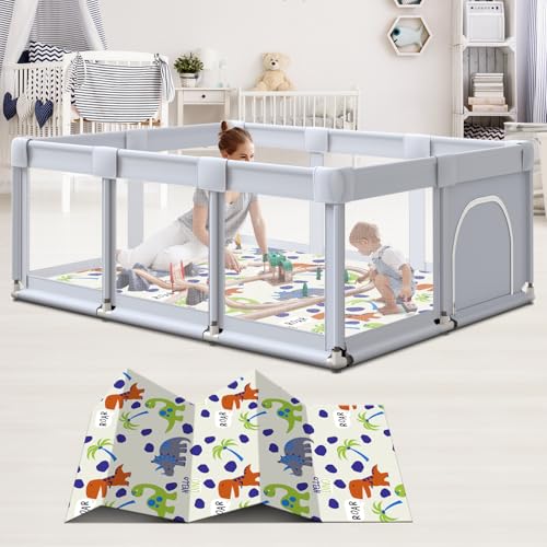 Image of Hiaksedt Baby Playpen 74"x50" Play Pens for Babies and Toddlers, Large Play Yards for Indoor & Outdoor with Zipper Gates, Breathable Mesh with Mat（Gray