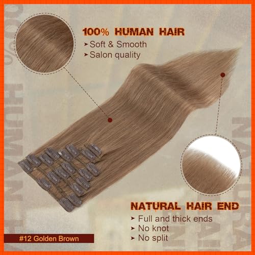 Image of Benehair Real Hair Extensions Clip in Human Hair 20inch Long Straight Remy Natural Full Head 8pcs 18 Clips Human Hair Clip in Extensions for Women No Tape No Glue Clip ins #12 Golden Brown