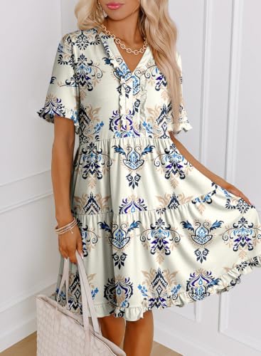 Image of Dokotoo Womens Summer Dresses 2026 V Neck A Line Short Sleeve Casual Ruffle Babydoll Mini Dress