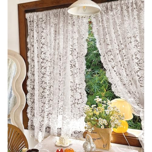 ZRKZRK 2 Panels White Vintage Lace Curtains French Gauze Embroidered