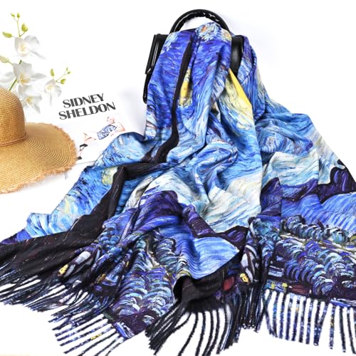 FINIZO Soft Cashmere Feel Scarf for Women Large Shawl Wrap Van Gogh Monet Art Print Scarf4