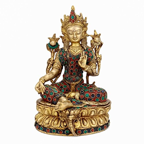 AapnoCraft Brass Tara Buddha Statue Handmade Tara Buddha Lotus Sculpture Buddhist with Turquoise & Coralstone Work Vastu Gifts