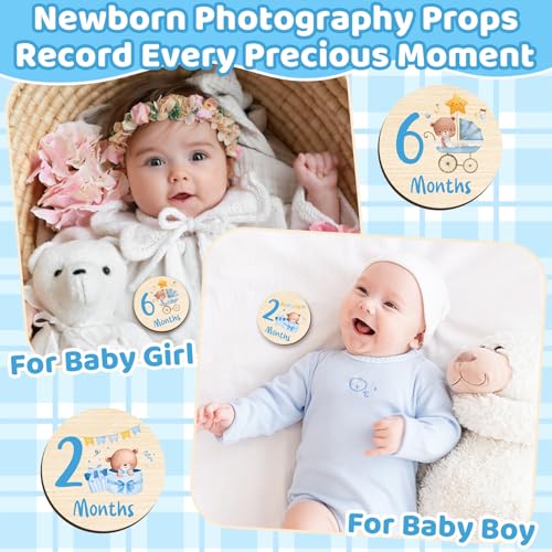 Image of Wooden Baby Monthly Milestone Cards Double Sided Baby Birth Sign Bear