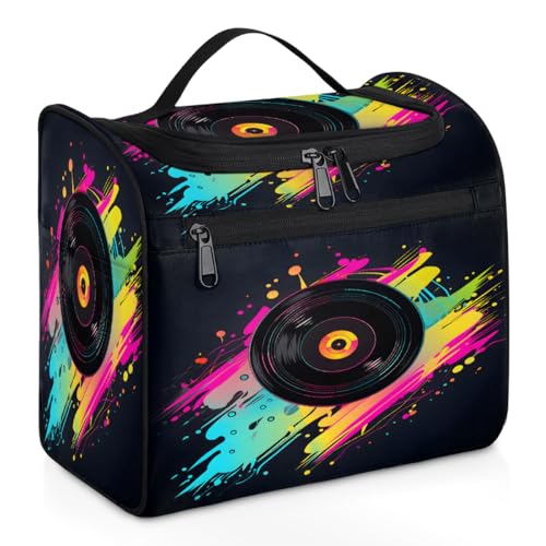 Woltant Neon Music Record Large Waterproof Travel Toiletry Bag Hanging Makeup Bag with Hook Travel Wash Bag for Women and Men