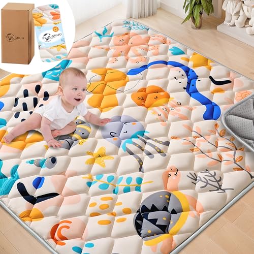 Image of PLUUSHUU Baby Play Mats for Floor, Playpen Mat for Babies, Extra Thicker & Soft Floor Crawling Mat, Foldable Non-Slip Playmat Cushioned for Infants Toddlers (Marine life, 50x50 Inch)