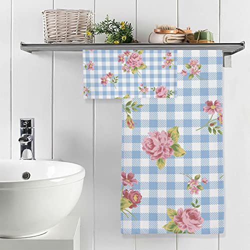 Innewgogo Roses Gingham Flowers Cotton Towel Set Bath Towel Hand Towel Set 2 Piece Shower Towels Super Absorbent Towel Set 100% Cotton Quick Dry Gym Towels For Spa Beach Bathroom #TOP4