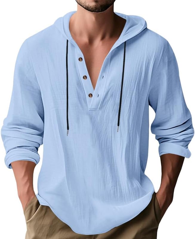 LIZALIG Men's Cotton-Linen Sweatshirt 1/2 Button Hooded Solid Color Casual Sweatshirts for Vacation and Daily Wear