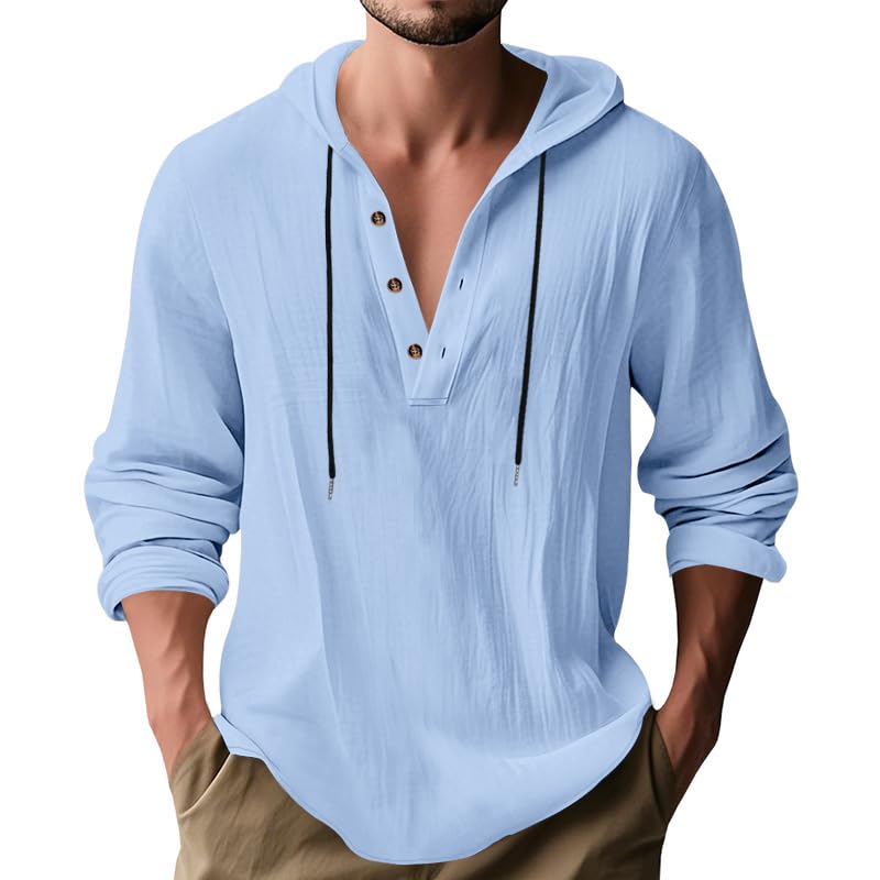 - Men's Cotton-Linen Sweatshirt 1/2 Button Hooded Solid Color Casual Sweatshirts for Vacation and Daily Wear