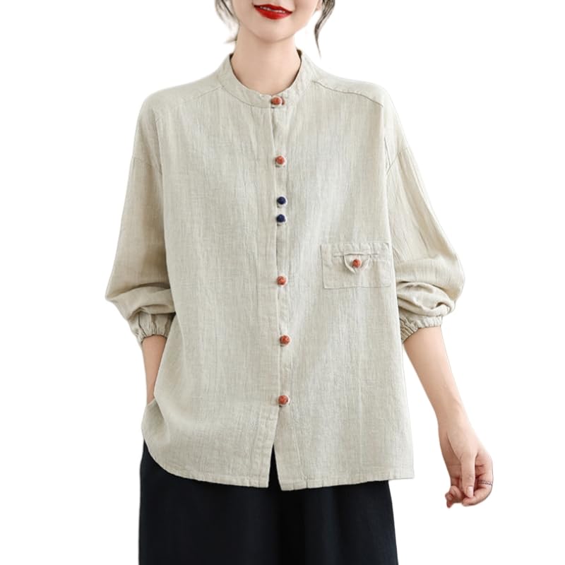 Camisas De Manga Larga De Lino Y Algodón para Mujer, Blusa Tipo Túnica con Botones Y Cuello Redondo Verde Salvia, Informal, Holgada, para Uso Diario Y Elegante.