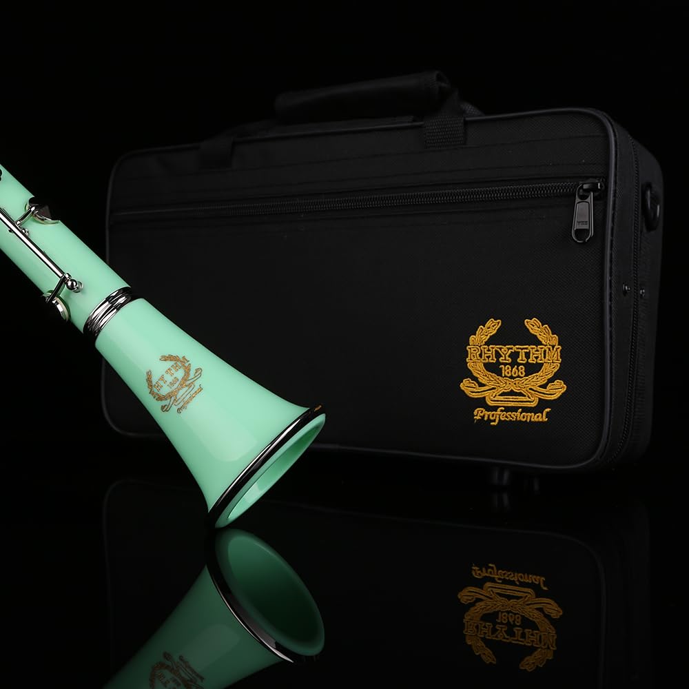 Rhythm Clarinete Bb con 17 teclas de níquel, banda de viento de madera e instrumentos musicales de orquesta para principiantes, incluye funda, soporte, 10 cañas y kit de limpieza, color verde