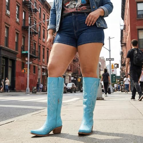 Image of Uillnoodu Wide Calf Cowboy Boots Women Adjustable Lace Up Knee High Tall Plus Size Cowgirl Boots Western Style Comfortable 2-Inch Heel