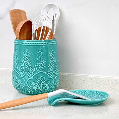 Image of Ceramic Spoon Rest for Kitchen Counter and Stove Top - Farmhouse Style Ceramic Spoon Holder for Cooking & Counter Protection(Green)