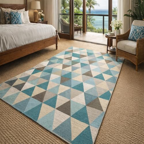Grand tapis de salon géométrique moderne 200x280 cm bleu