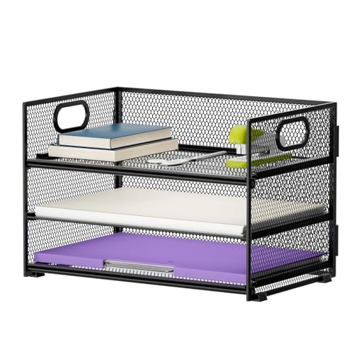 Marbrasse Schreibtisch Organizer,3 Reifen Briefpapier Tray Organizer mit Griff,Mesh Schreibtisch Organizer Fach für A4-Datei,Home Office Supplies (Schwarz)