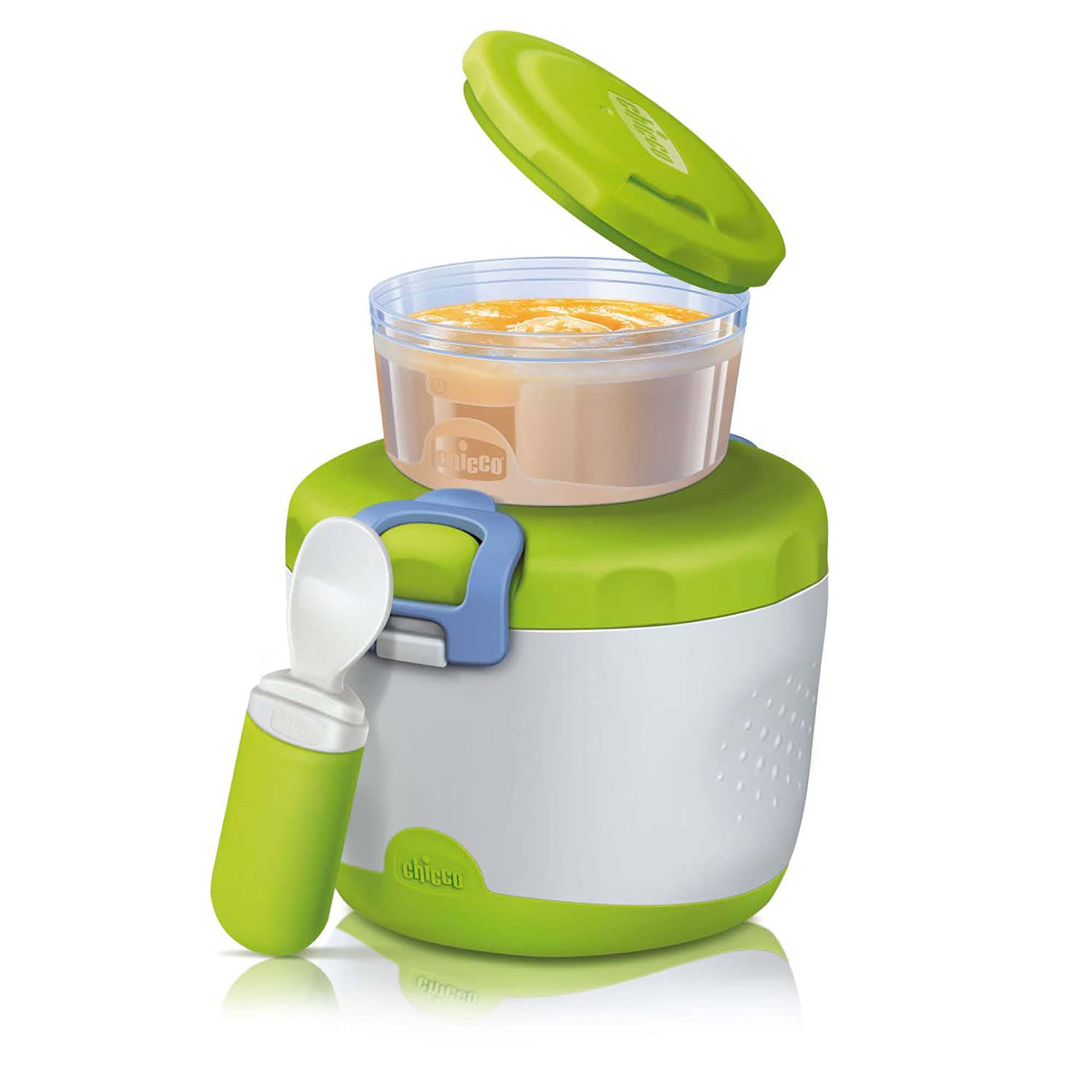 Chicco Thermos Portapappa System Easy Meal 350 ml Mantiene temperatura 6 ore Alimenti caldi freddi Contenitore 180 ml Cucchiaio Viaggio Verde