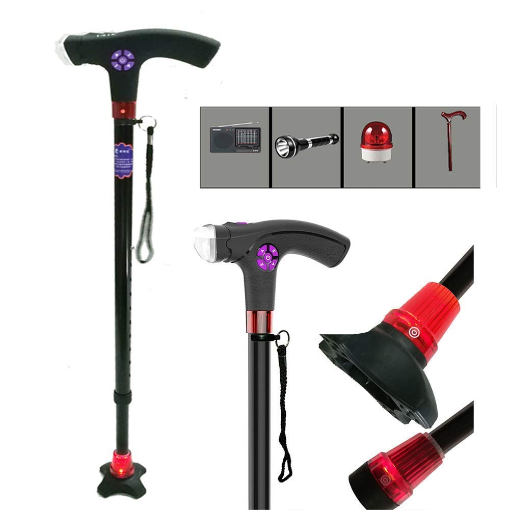 Bastone da passeggio per stampelle per anziani intelligenti multifunzione Bastone da passeggio telescopico con stampelle in alluminio leggero a LED con allarme intelligente regolabile in altezza